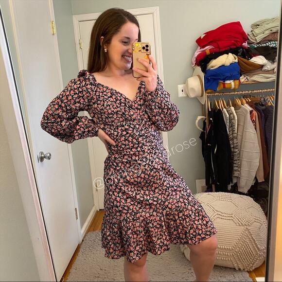 NWT byTiMo Black Pink Viscose Floral Puff Long Sleeve Mini Dress Ditsy Large L - Picture 6 of 14